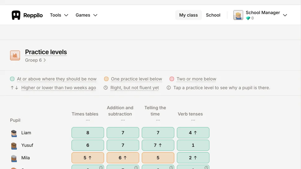 The class grid: the practice level of every pupil in every skill.